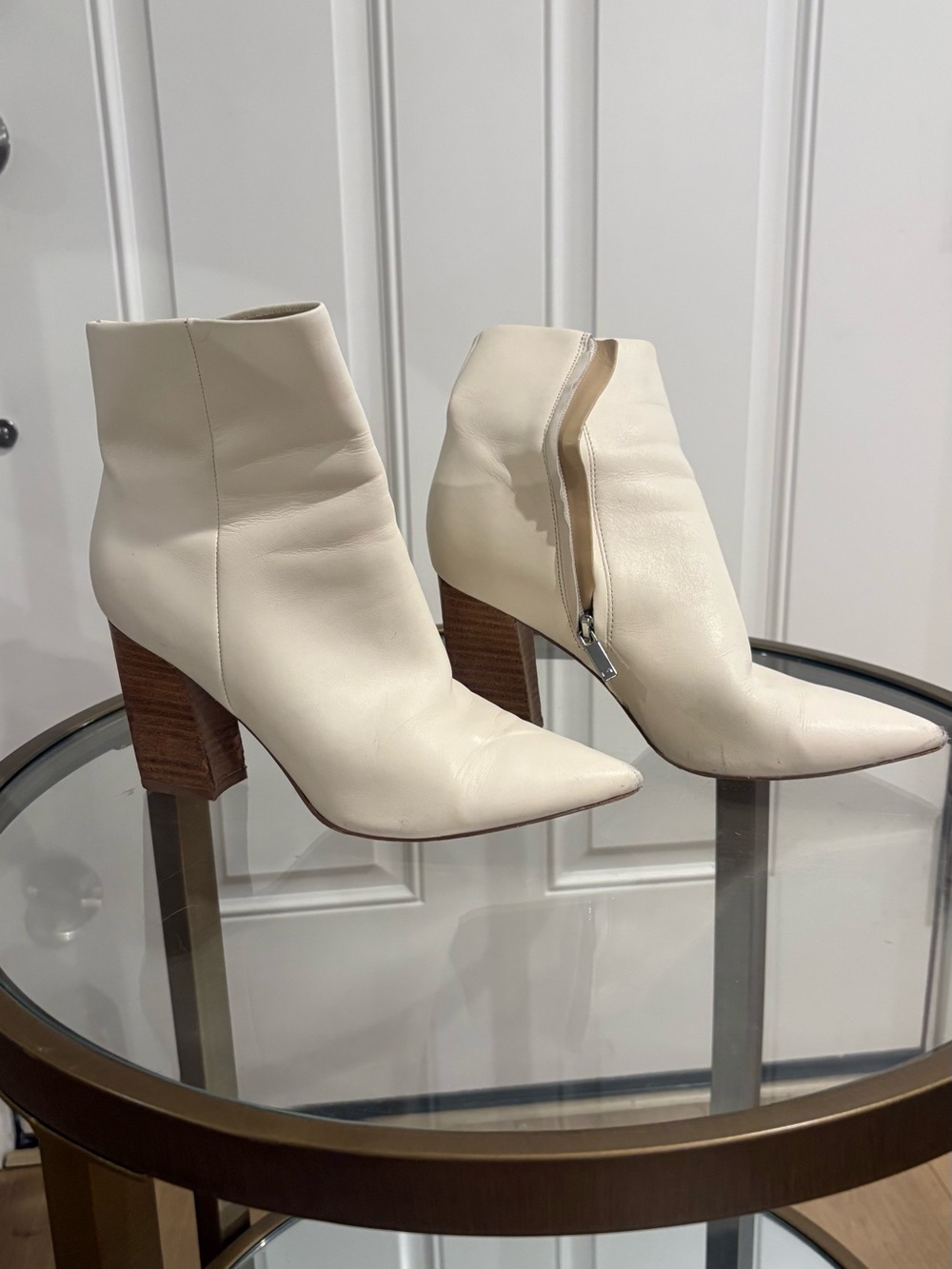 Marc Fisher Cream Leather Pointed Ankle Booties with Wood Block Heel